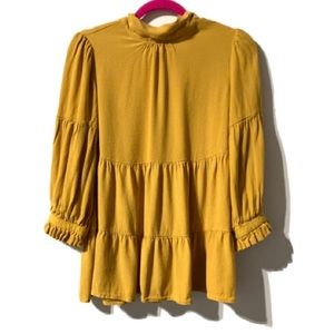 Maeve For Anthropologie Goldie Ruffle Tie Neck Tunic Blouse Top Size S Mustard